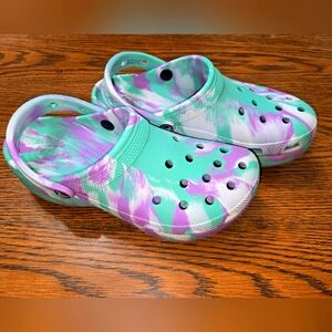 Iconic Comfort Crocs Womens 8 Classic Platform Marbled Clogs Green Purple EUC